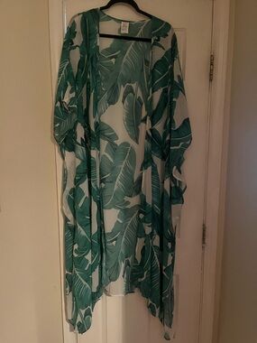 Sheer Tropical Leaf Kimono Cover-Up in Green